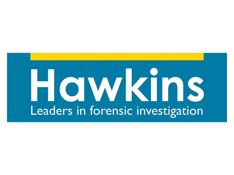 Blue and Yellow Hawkins Forensic Investigation logo on a clear background