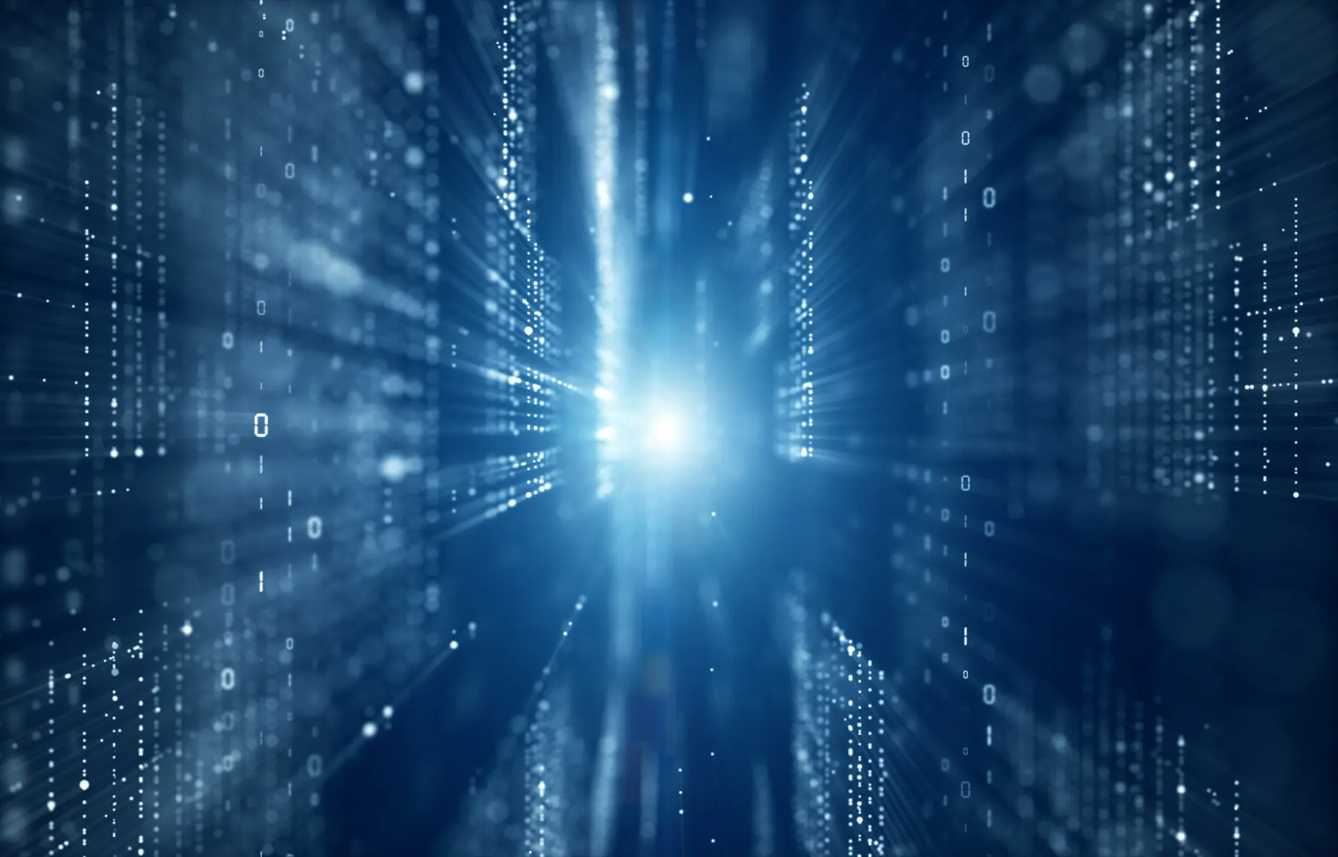 Binary code on a blue background with a bright light in the middle, bespoke software development