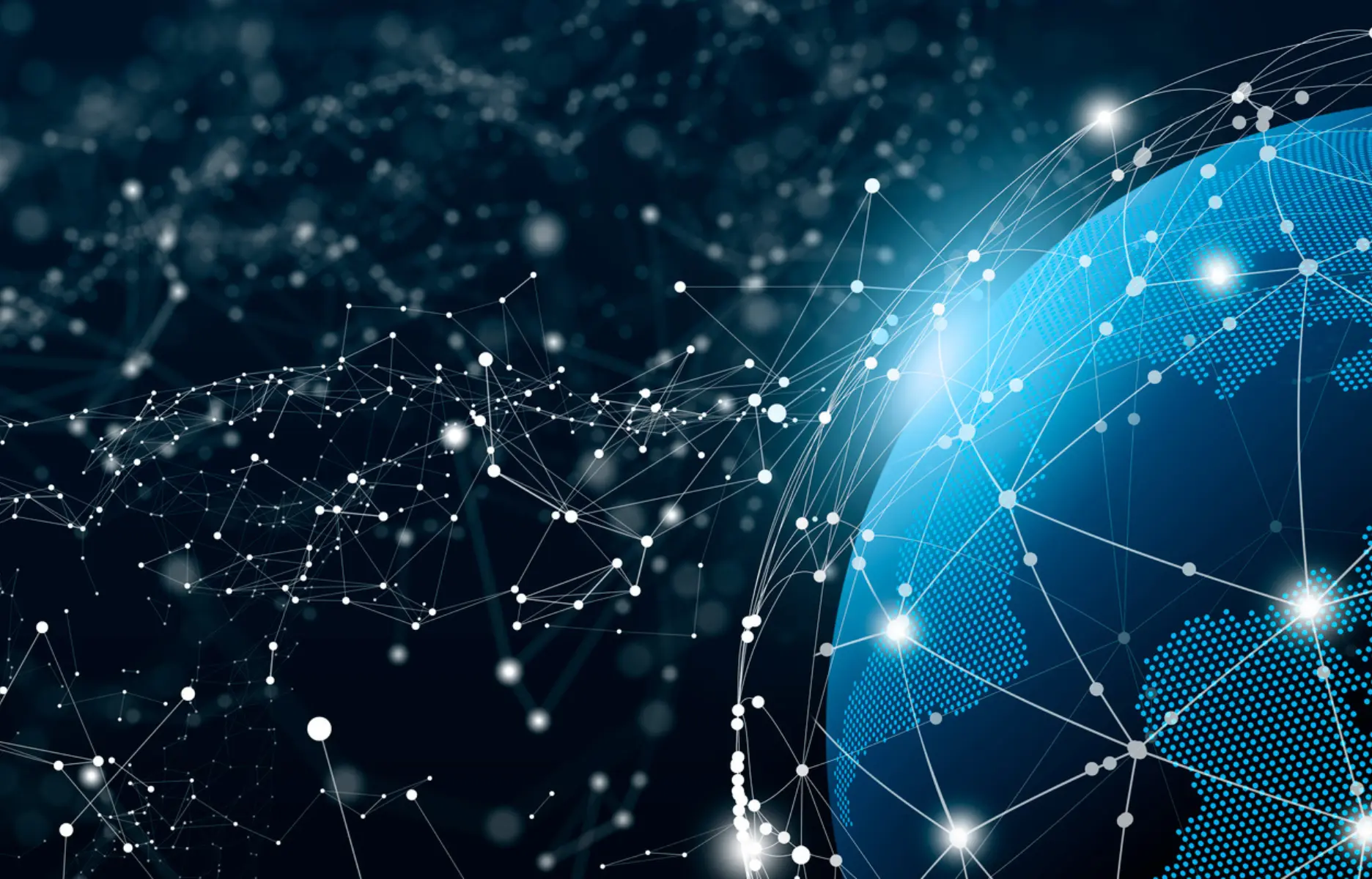 PSP digital transformation, global with lines and dots depicting IT network and digital on a dark background