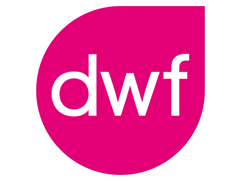 Pink DWF law logo on a clear background