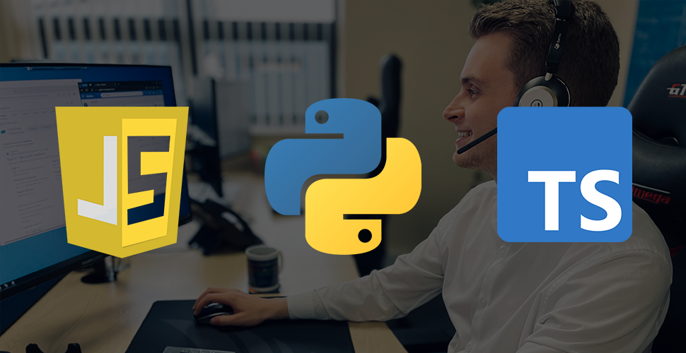 A photograph of one of our bespoke software developers with the logos of coding languages overlaid