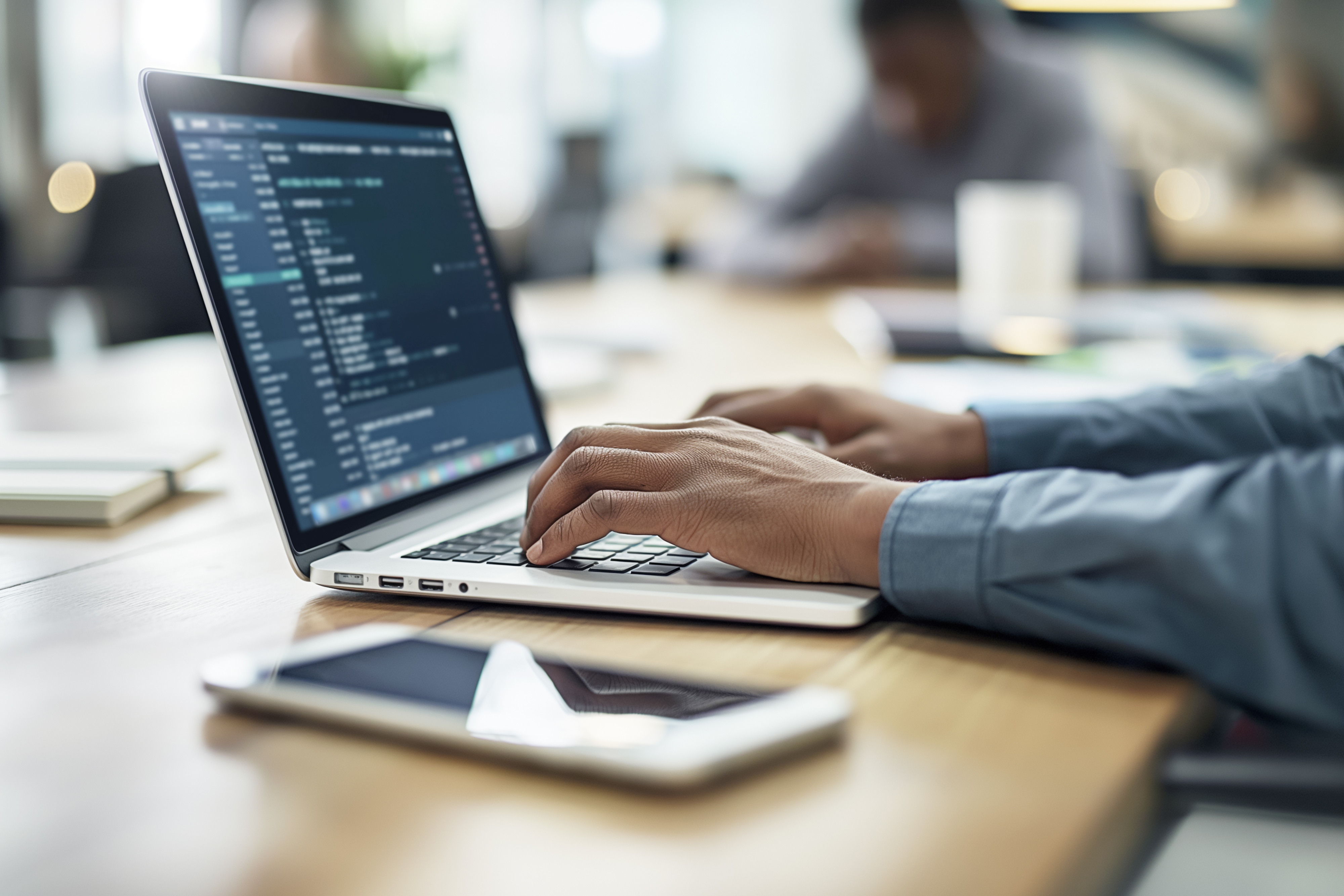 Close Up Of Hands Typing On A Laptop With Code On The Screen