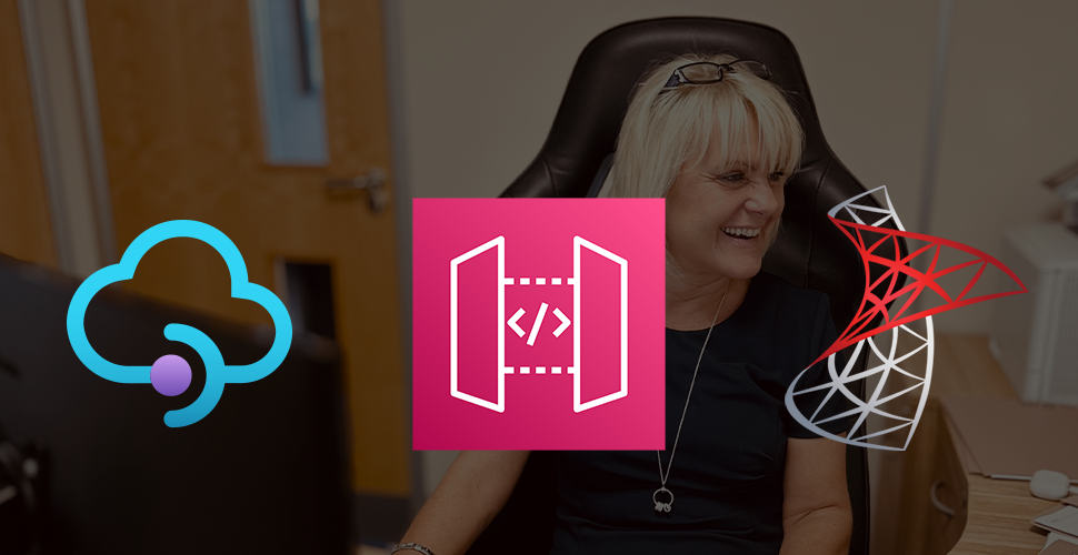 A photograph of PSP's executive assistant with the web dev integrations we use overlaid