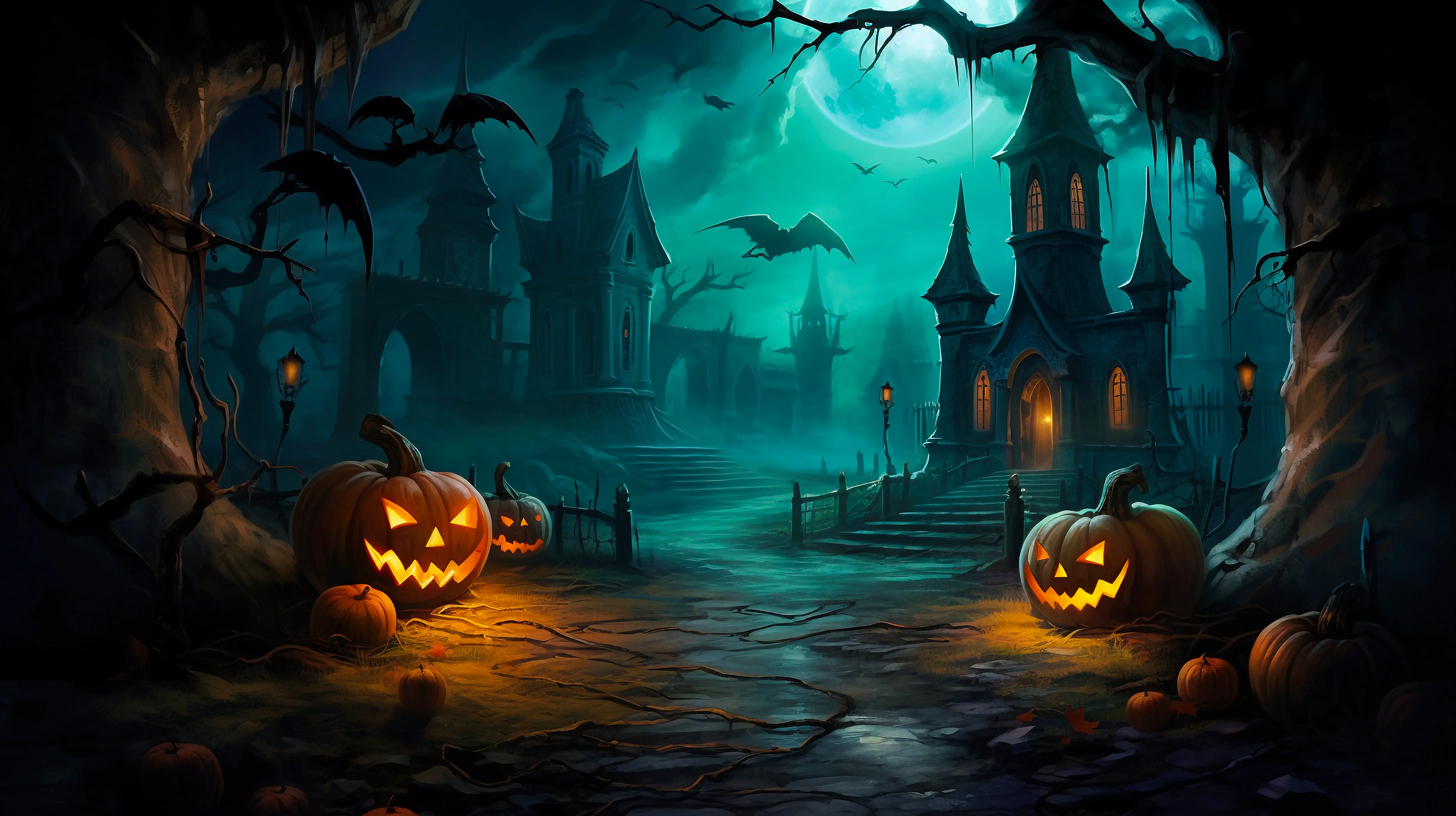 Pumpkins, trees and buildings, spooky Halloween scene