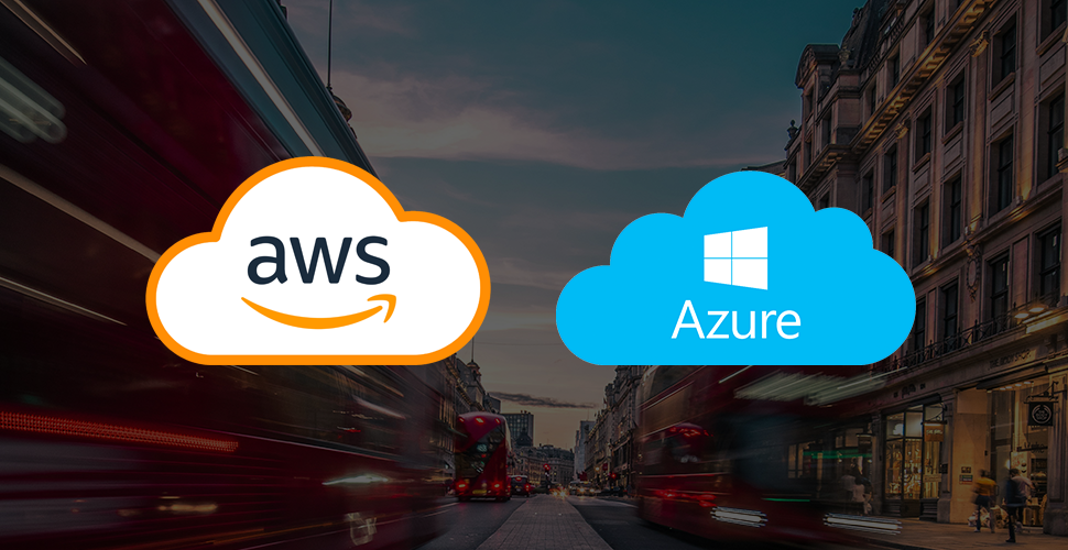 Cloud Platform logos of Microsoft Azure and Amazon web services overlaying an image of a busy London street