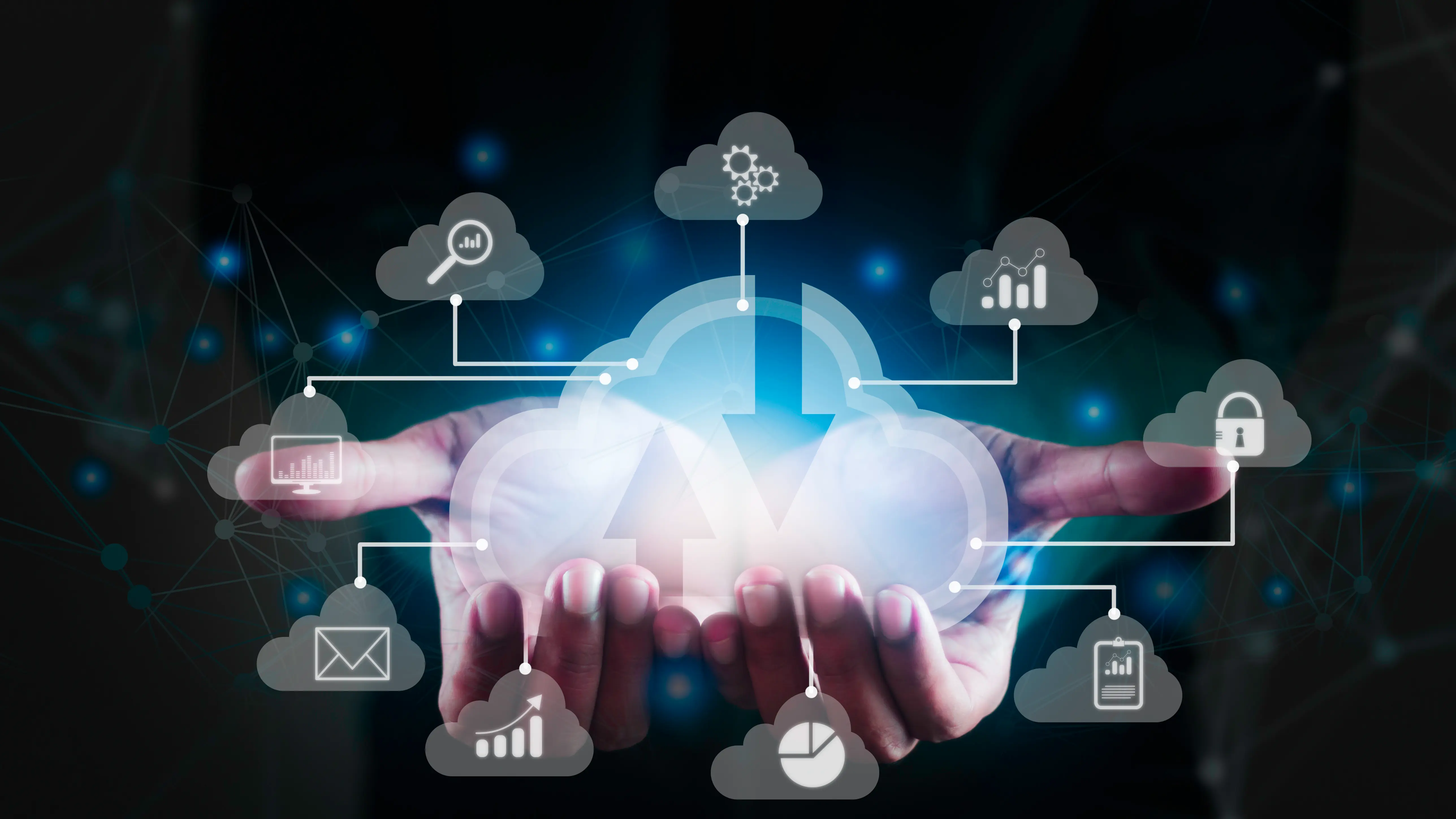 Tow hands holding a cloud depicting the seamless cloud integration PSP carries out.