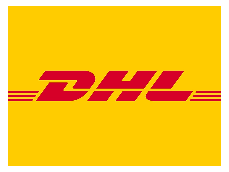 Yellow and red DHL logo on a clear background