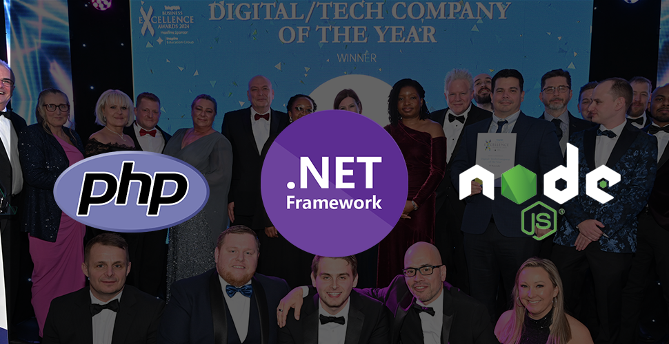PSP accepting an award for digital/tech company of the year in 2024 with the logos of backend frameworks they use overlaid.