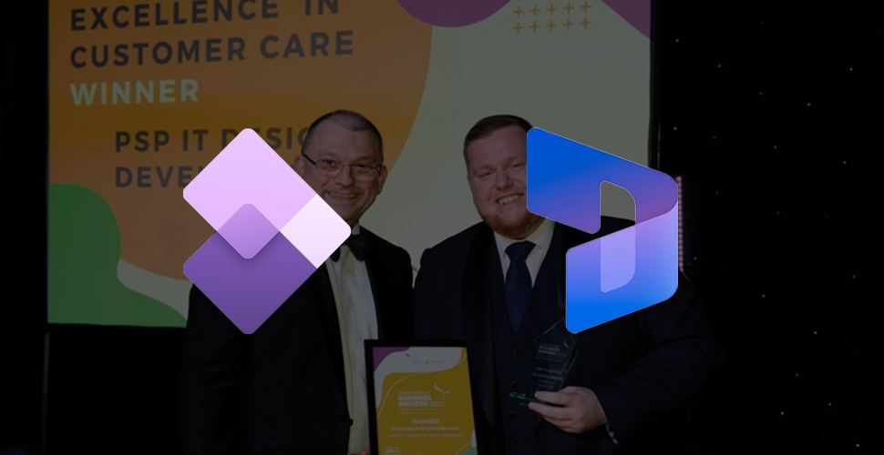 A picture of our deputy CTO receiving a customer service excellence award with Microsoft D365 F&O/CE logos overlaid