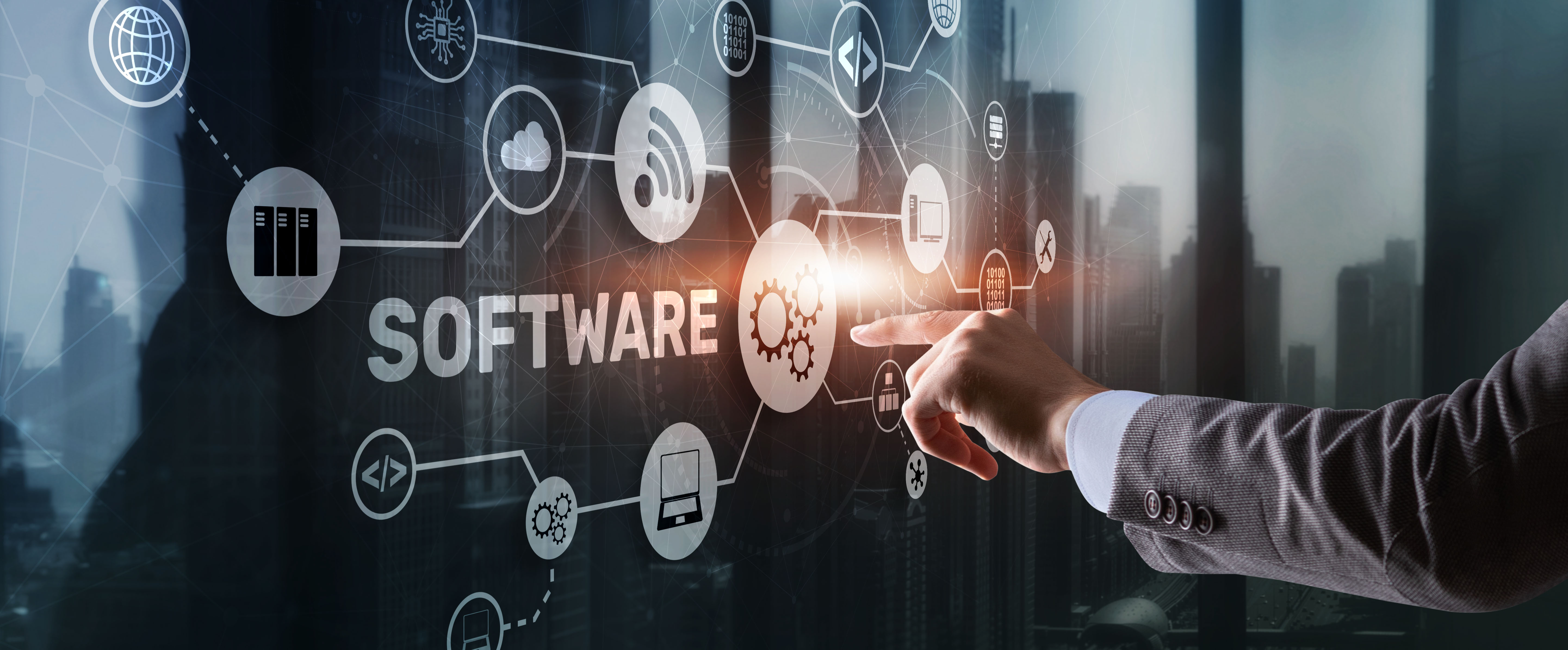 A person in a suit pointing at a digital screen with the word "SOFTWARE" highlighted, surrounded by technological icons.