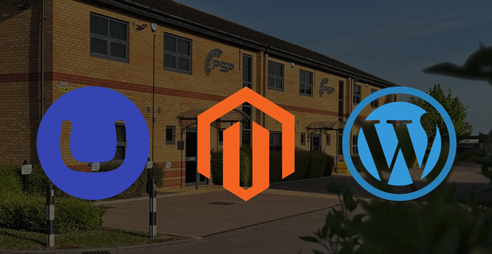 A picture of PSP's offices with website CMS logos overlaying it including Magento, Umbraco and Wordpress.